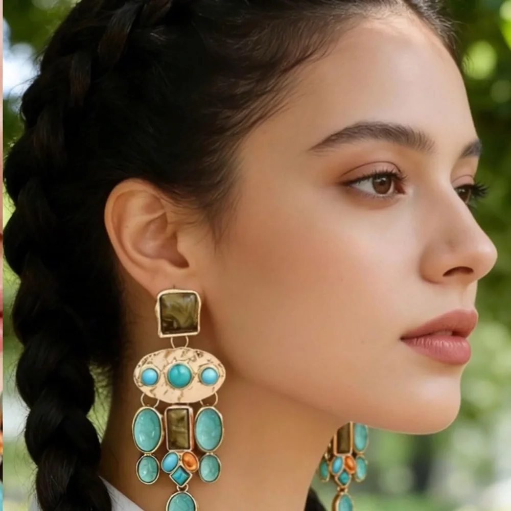 Vintage Boho Gold Turquoise Statement Drop Earrings new